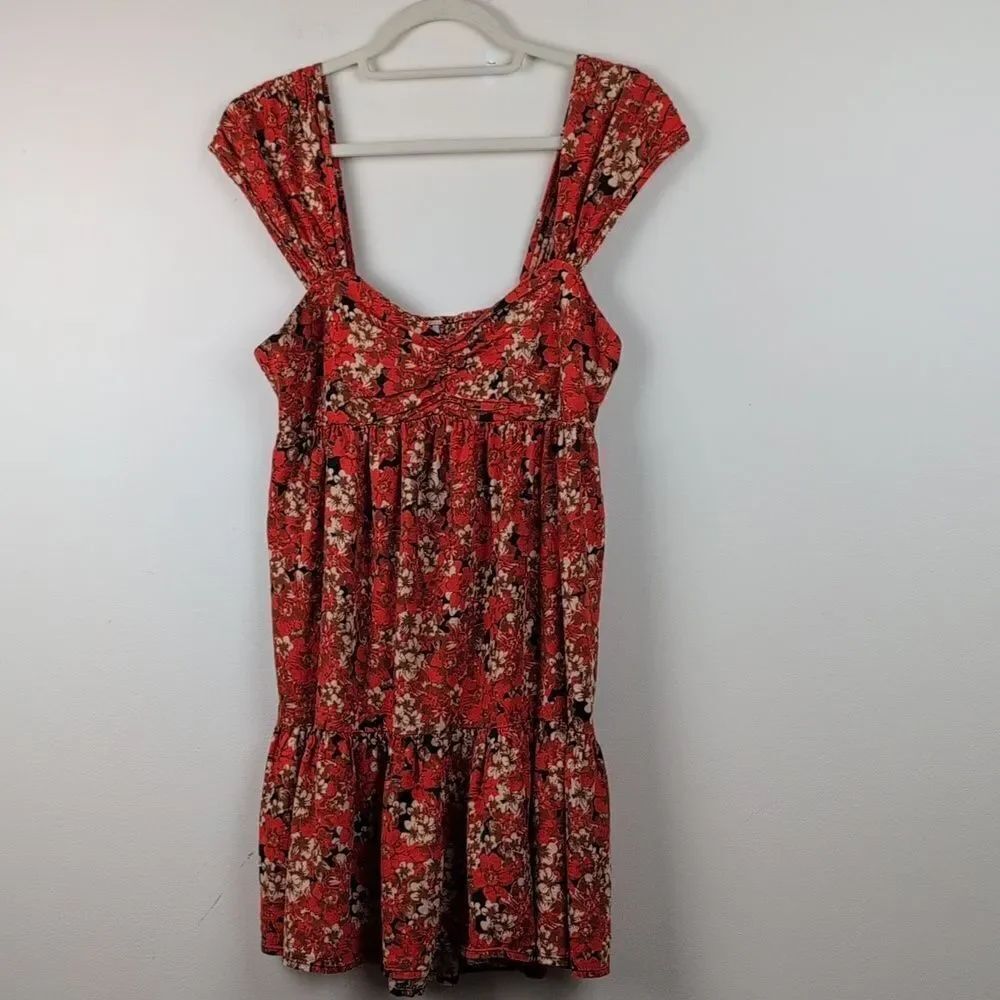 Free People Pattern Play Orange Floral Mini Dress Size M Babydoll Linen Blend